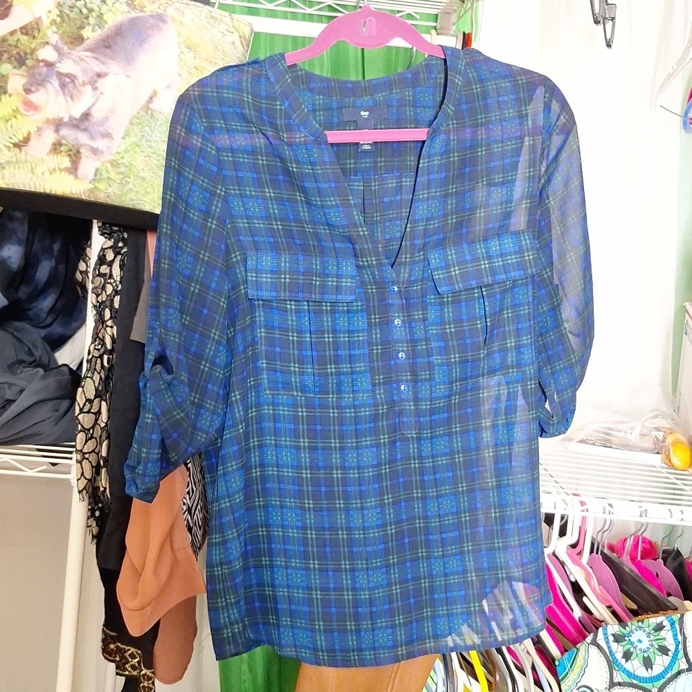 GAP BLUE PLAID SHEER BLOUSE SIZE SMALL